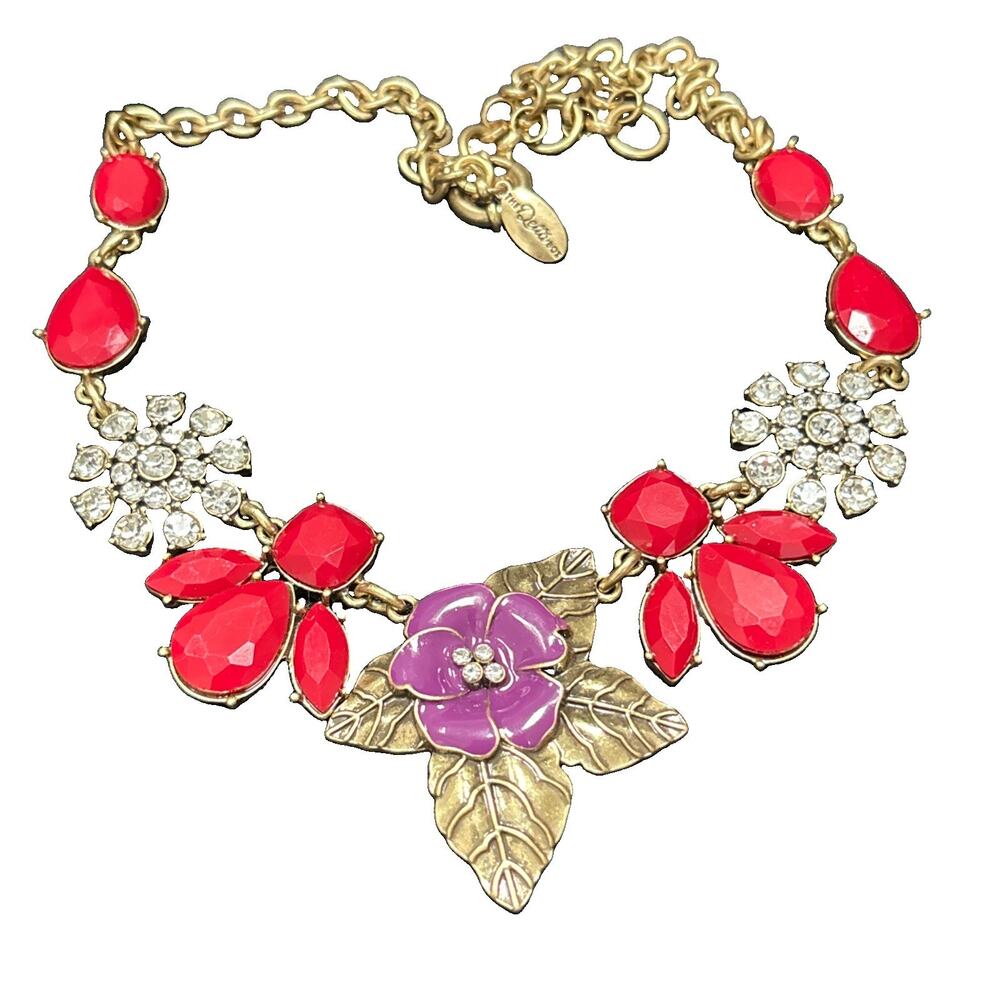 Statement Necklace Enamel Flowers Pink Purple Rhinestones Lucite Brass Delta Box